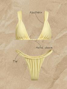 SHEIN Swim 女士纯色休闲比基尼三角裤泳衣套装 黄色两件套 女士黄色泳装 黄色两件套泳衣 黄色两件套比基尼 - 黃色 - 查看 1