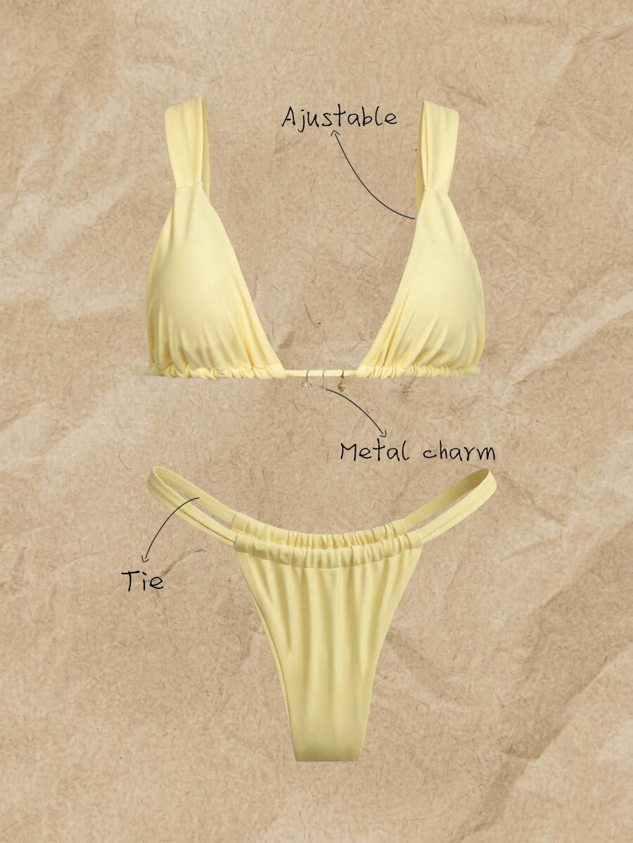SHEIN Swim 女士纯色休闲比基尼三角裤泳衣套装 黄色两件套 女士黄色泳装 黄色两件套泳衣 黄色两件套比基尼 - 黃色 - 查看 1