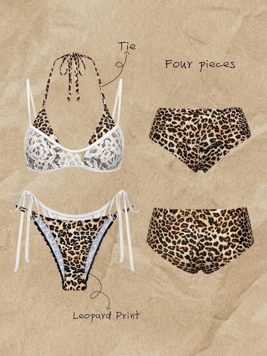 SHEIN Swim Women's Spring/Summer Random Print Halter Neck Spaghetti Strap 3-Piece Bikini Set Beach Party White Beige Tropical Sexy - Multicolor - View 1
