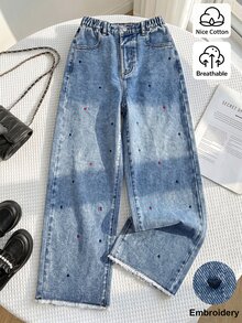 女款新款休閒時尚極簡百搭 Y2K 復古風日常寬鬆愛心刺繡寬腿牛仔長褲，復古淺藍水洗，舒適長褲，適合校園與日常出遊 - 淺色水洗藍 - 查看 3