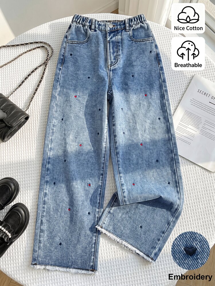 Girls' New Casual Fashion Minimalist Versatile Y2K Retro Style Daily Loose Heart Embroidery Wide Leg Denim Jeans, Vintage Light Blue Wash, Comfortable Long Pants Suitable For Campus And Daily Outings - Light Wash - View 3