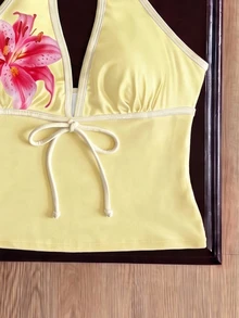 SHEIN Swim Women's Spring/Summer Bowknot Spaghetti Strap Printed Bikini Top Vacation Butter Yellow Tropical - Multicolor - View 5