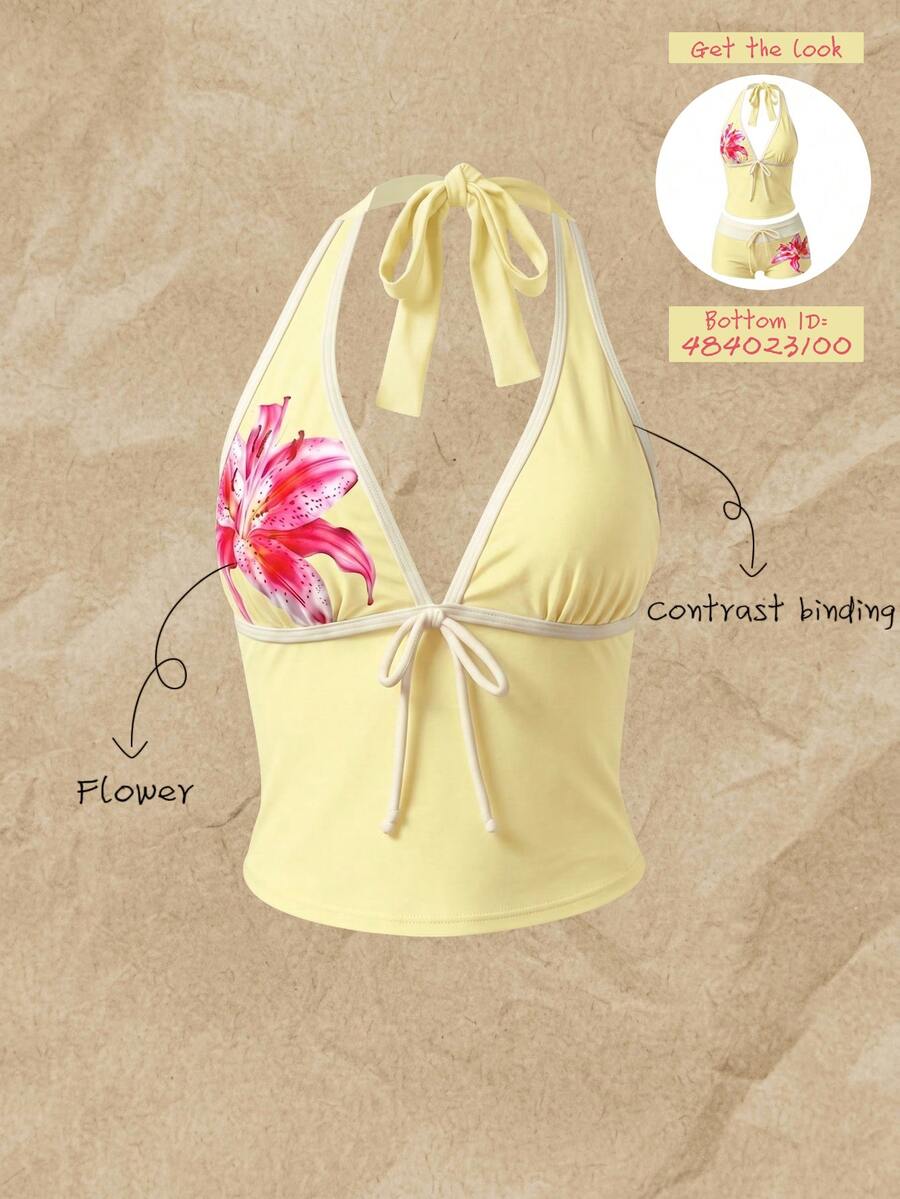 SHEIN Swim Women's Spring/Summer Bowknot Spaghetti Strap Printed Bikini Top Vacation Butter Yellow Tropical - Multicolor - View 1