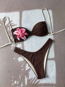 SHEIN Swim Women's Vacation Beach Floral Print Swimwear Set - Black - View 2