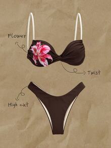 SHEIN Swim Women's Vacation Beach Floral Print Swimwear Set - Black - View 3