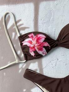 SHEIN Swim Women's Vacation Beach Floral Print Swimwear Set - Black - View 5