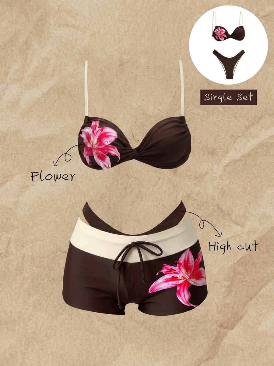 SHEIN Swim Women's Vacation Beach Floral Print Swimwear Set - Black - View 1