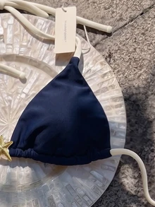 SHEIN Swim ملابس سباحة نسائية ربيع/صيف بطبعة عشوائية، توب بيكيني بحمالة رقبة، أزرق داكن استوائي، مناسب للشاطئ وحفلات المسبح والأنشطة - متعدد الألوان - مشاهدة 6