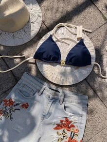 SHEIN Swim ملابس سباحة نسائية ربيع/صيف بطبعة عشوائية، توب بيكيني بحمالة رقبة، أزرق داكن استوائي، مناسب للشاطئ وحفلات المسبح والأنشطة - متعدد الألوان - مشاهدة 2
