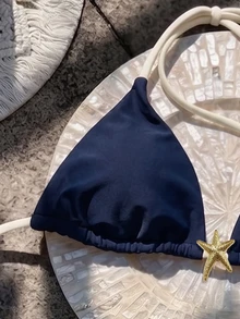 SHEIN Swim ملابس سباحة نسائية ربيع/صيف بطبعة عشوائية، توب بيكيني بحمالة رقبة، أزرق داكن استوائي، مناسب للشاطئ وحفلات المسبح والأنشطة - متعدد الألوان - مشاهدة 5
