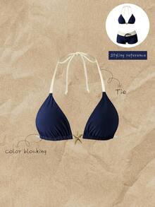 SHEIN Swim ملابس سباحة نسائية ربيع/صيف بطبعة عشوائية، توب بيكيني بحمالة رقبة، أزرق داكن استوائي، مناسب للشاطئ وحفلات المسبح والأنشطة - متعدد الألوان - مشاهدة 1