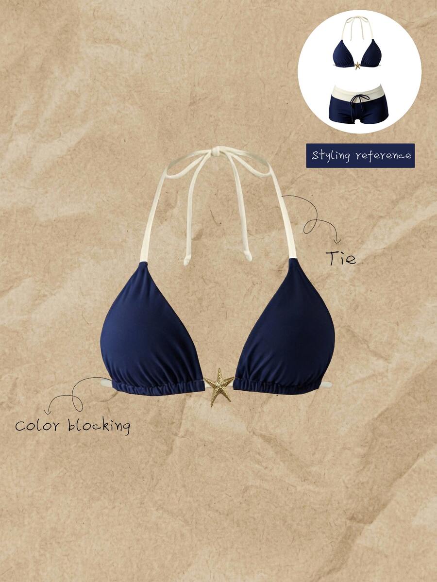 SHEIN Swim ملابس سباحة نسائية ربيع/صيف بطبعة عشوائية، توب بيكيني بحمالة رقبة، أزرق داكن استوائي، مناسب للشاطئ وحفلات المسبح والأنشطة - متعدد الألوان - مشاهدة 1