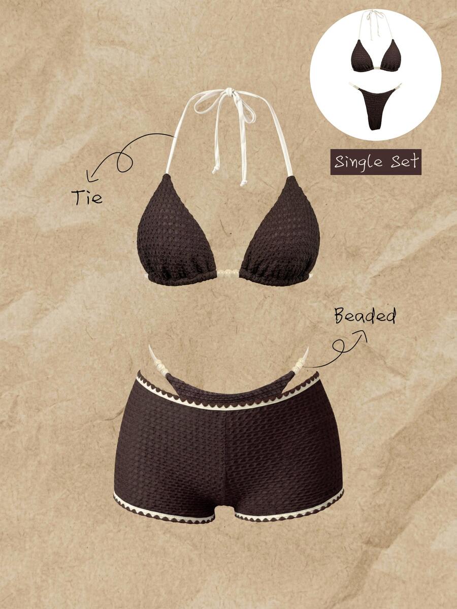 SHEIN Swim Women's Spring/Summer Jacquard Fabric Beaded Halter Bikini Set Beach Party Brown Stripe Sexy Tropical - Brown - View 1