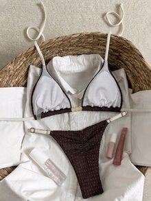 SHEIN Swim Women's Spring/Summer Jacquard Fabric Beaded Halter Bikini Set Beach Party Brown Stripe Sexy Tropical - Brown - View 2