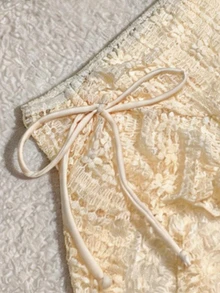 Elavelle Women's Spring/Summer Jacquard Fabric Drawstring Pleated Cover-Up Skirt , Crochet Beach Wear - Beige - View 4