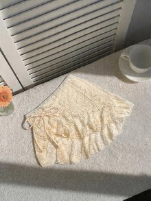 Elavelle Women's Spring/Summer Jacquard Fabric Drawstring Pleated Cover-Up Skirt , Crochet Beach Wear - Beige - View 3