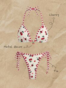SHEIN Swim Women's Random Cherry Print Halter Bikini Set, Spring/Summer Beach Party White Cute Sexy - Multicolor - View 1