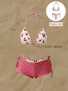 SHEIN Swim Women's Random Cherry Print Halter Bikini Set, Spring/Summer Beach Party White Cute Sexy - Multicolor - View 4