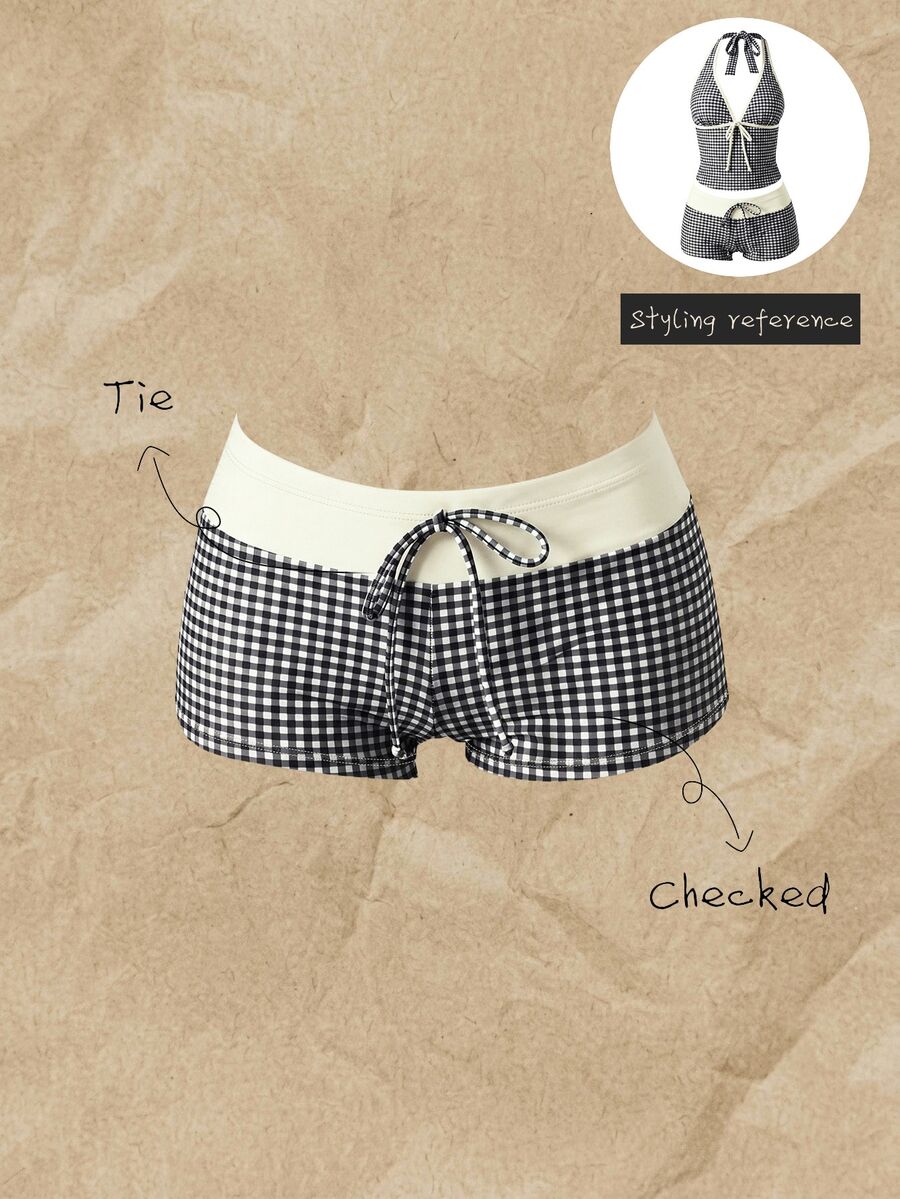 Elavelle Women's Spring/Summer Random Print High Waist Bow Bikini Bottoms Beach Party Black And White 70s Retro Casual - Multicolor - View 1