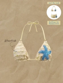 Elavelle Women's Spring/Summer Jacquard Fabric Halter Starfish Tie-Up Bikini Top - Yellow - View 1