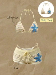 Elavelle Women's Spring/Summer Jacquard Fabric Halter Starfish Tie-Up Bikini Top - Yellow - View 4