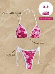 SHEIN Swim 2pcs Women's Summer Leopard Print Spaghetti Strap & Side Tie Sexy Bikini Set - Multicolor - View 1
