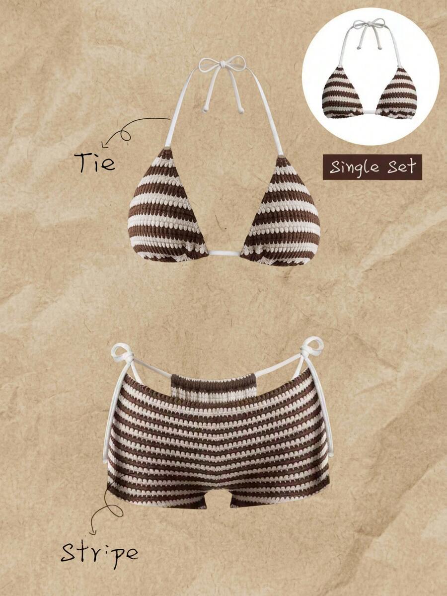 SHEIN Swim Women's Spring/Summer Jacquard Fabric Halter Tie Bikini Top Elegant - Multicolor - View 1