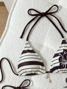 SHEIN Swim 女款花卉條紋印花掛脖繫帶性感比基尼兩件式泳衣套裝，適合度假海灘派對，黑白配色夏季款 - 藍色 - 查看 6