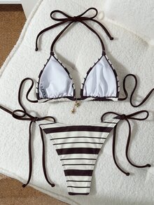 SHEIN Swim 女款花卉條紋印花掛脖繫帶性感比基尼兩件式泳衣套裝，適合度假海灘派對，黑白配色夏季款 - 藍色 - 查看 3