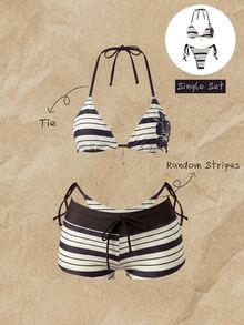 SHEIN Swim 女款花卉條紋印花掛脖繫帶性感比基尼兩件式泳衣套裝，適合度假海灘派對，黑白配色夏季款 - 藍色 - 查看 1
