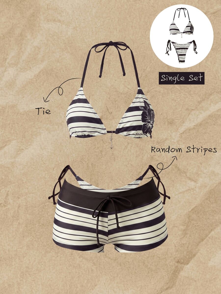 SHEIN Swim 女款花卉條紋印花掛脖繫帶性感比基尼兩件式泳衣套裝,適合度假海灘派對,黑白配色夏季款 - 藍色 - 查看 1