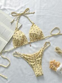 SHEIN Swim Spring Break Women Polka Dot Random Print Metallic Decor Spaghetti Strap Sexy Bikini Beachwear Set For Ladies For Summer Beach Vacation - Multicolor - View 3