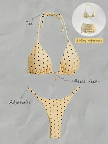 SHEIN Swim Spring Break Women Polka Dot Random Print Metallic Decor Spaghetti Strap Sexy Bikini Beachwear Set For Ladies For Summer Beach Vacation - Multicolor - View 4