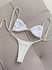 SHEIN Swim Women's Summer Chicsea Jacquard Fabric Spaghetti Strap Beaded Beach Party Bikini Set White Tropical Sexy - White - View 4