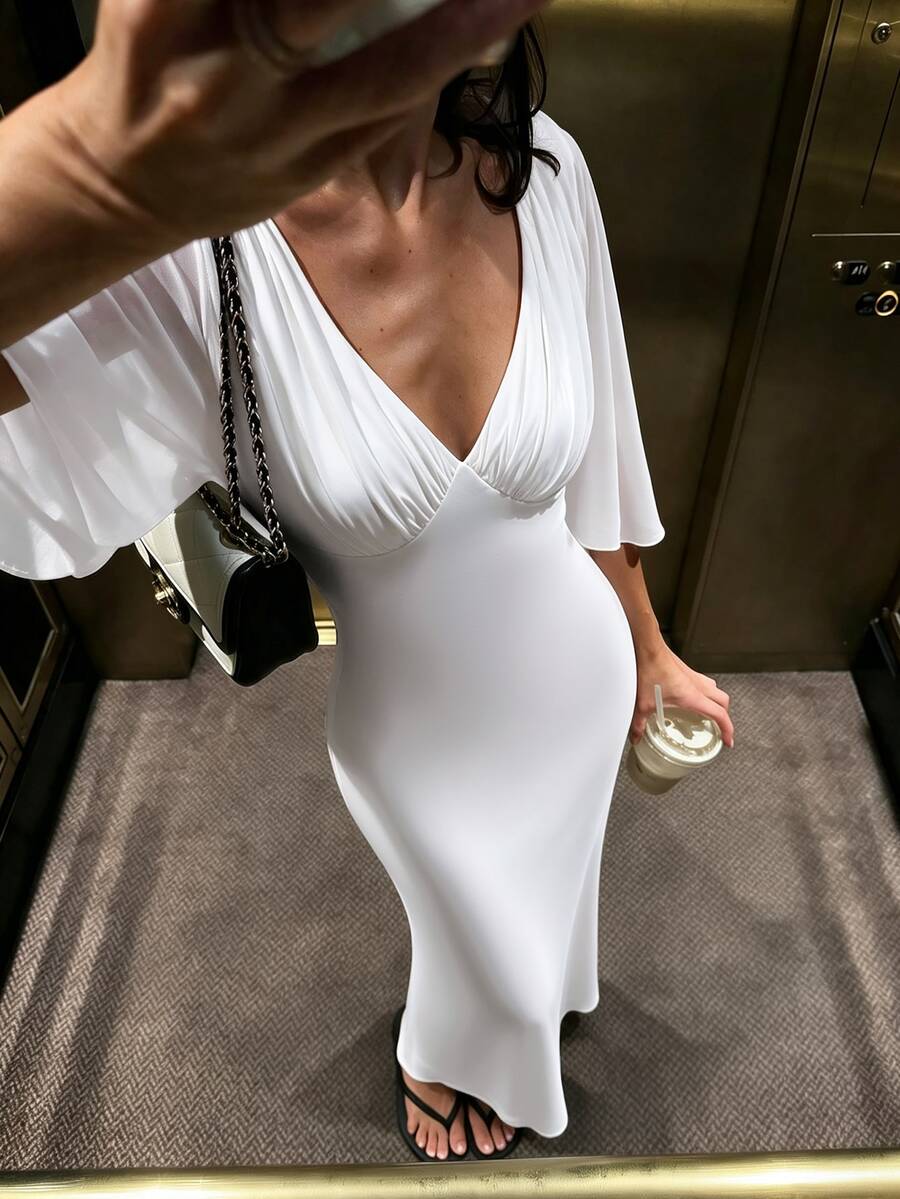Avenya Fall/Winter Elegant Romantic V-Neck Ruched Sheer Chiffon Cape-Style Mermaid Dress For Women A-Line Floor-Length Dinner Cocktail Wedding White Party - White - View 1