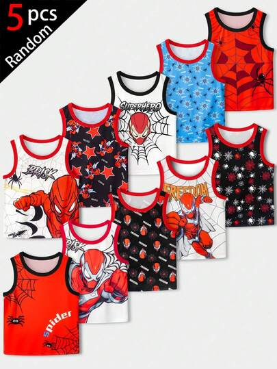 SHEIN Random 5pcs Young Boy Lingerie Series Casual Sleeveless Tank Top Undershirt Stretchy Breathable Knit Fabric Halloween White Baby Blue Summer