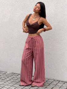 Rivivi Celana Jeans Denim Longgar Motif Garis-garis Kasual Gaya Boho Ukuran Plus untuk Wanita, Cocok untuk Acara Formal dan Musim Panas Warna Pink - MultiWarna - View 3