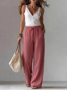 Rivivi Celana Jeans Denim Longgar Motif Garis-garis Kasual Gaya Boho Ukuran Plus untuk Wanita, Cocok untuk Acara Formal dan Musim Panas Warna Pink - MultiWarna - View 1