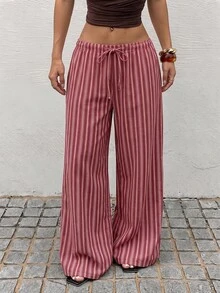 Rivivi Celana Jeans Denim Longgar Motif Garis-garis Kasual Gaya Boho Ukuran Plus untuk Wanita, Cocok untuk Acara Formal dan Musim Panas Warna Pink - MultiWarna - View 5