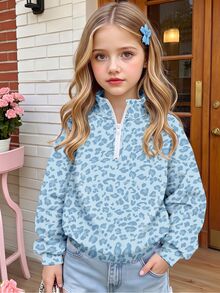 Young Girls Fall Pink Leopard Print Half-Zip Sweatshirt, Casual Animal Pattern Stand Collar Pullover Top, Cozy Autumn Wear - Multicolor - View 4