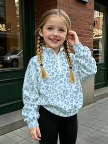Young Girls Fall Pink Leopard Print Half-Zip Sweatshirt, Casual Animal Pattern Stand Collar Pullover Top, Cozy Autumn Wear - Multicolor - View 3