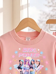 SHEIN Young Girl Letter Cartoon Pattern Long Sleeve Sweatshirt And Sweatpants Casual Daily 2-Piece Set - Pink - View 6