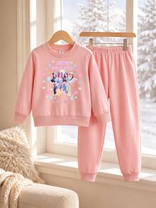 SHEIN Young Girl Letter Cartoon Pattern Long Sleeve Sweatshirt And Sweatpants Casual Daily 2-Piece Set - Pink - View 8