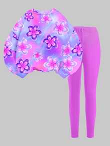 Tween Girls Cute Tie-Dye Floral Pattern, Violet Tone, Thermal Lined Crew Neck Sweatshirt And Elastic Waist Long Pants Set, Suitable For Autumn/Winter, Chill, Fall Style, Fall Outfits, Winter, Autumn, Fall Sets - Multicolor - View 3