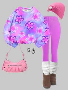Tween Girls Cute Tie-Dye Floral Pattern, Violet Tone, Thermal Lined Crew Neck Sweatshirt And Elastic Waist Long Pants Set, Suitable For Autumn/Winter, Chill, Fall Style, Fall Outfits, Winter, Autumn, Fall Sets - Multicolor - View 2