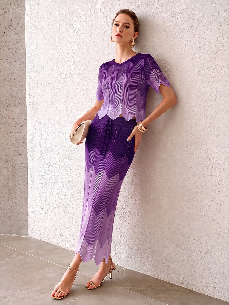 MOTF PREMIUM SUMMER FASHION CONTRAST COLOR ROUND NECK KNIT TOP AND DRAWSTRING WAIST KNIT SKIRT 2 PIECES SET - Purple - View 2