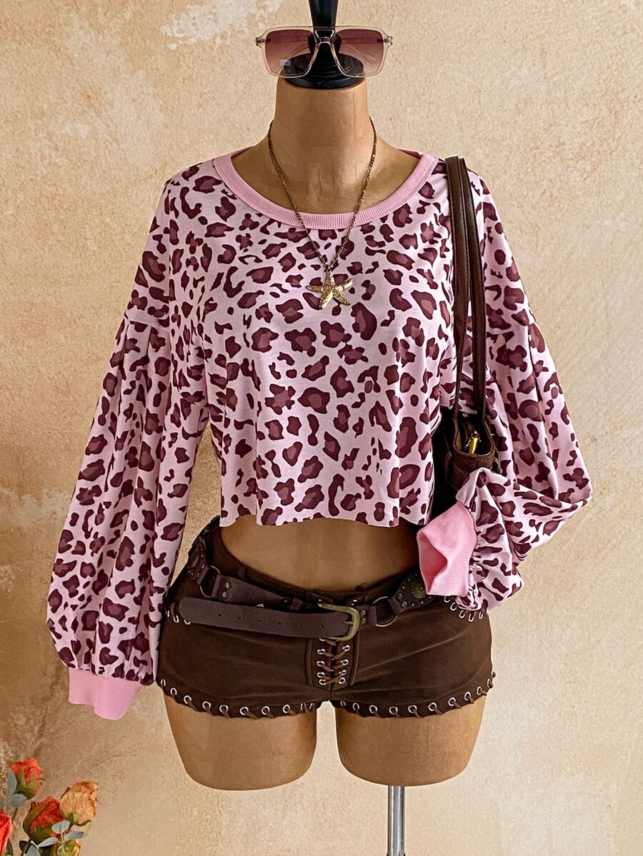 Soleia Women's Versatile Short Lantern Sleeve Pink Leopard Print Back Hollow Out Fashion Sweatshirt, Daily Commute - Multicolor - View 1