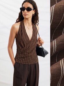 Anewsta Essential Women's New Striped Halter Neck Criss Cross V-Neck Fashion Modern Tank Top - Mocha Brown - View 4