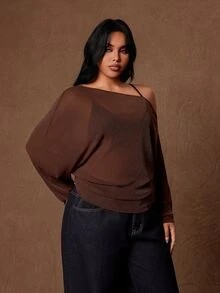 Vibekara Plus Atasan Transparan Lengan Kelelawar Leher Asimetris - Coffee Brown - View 7