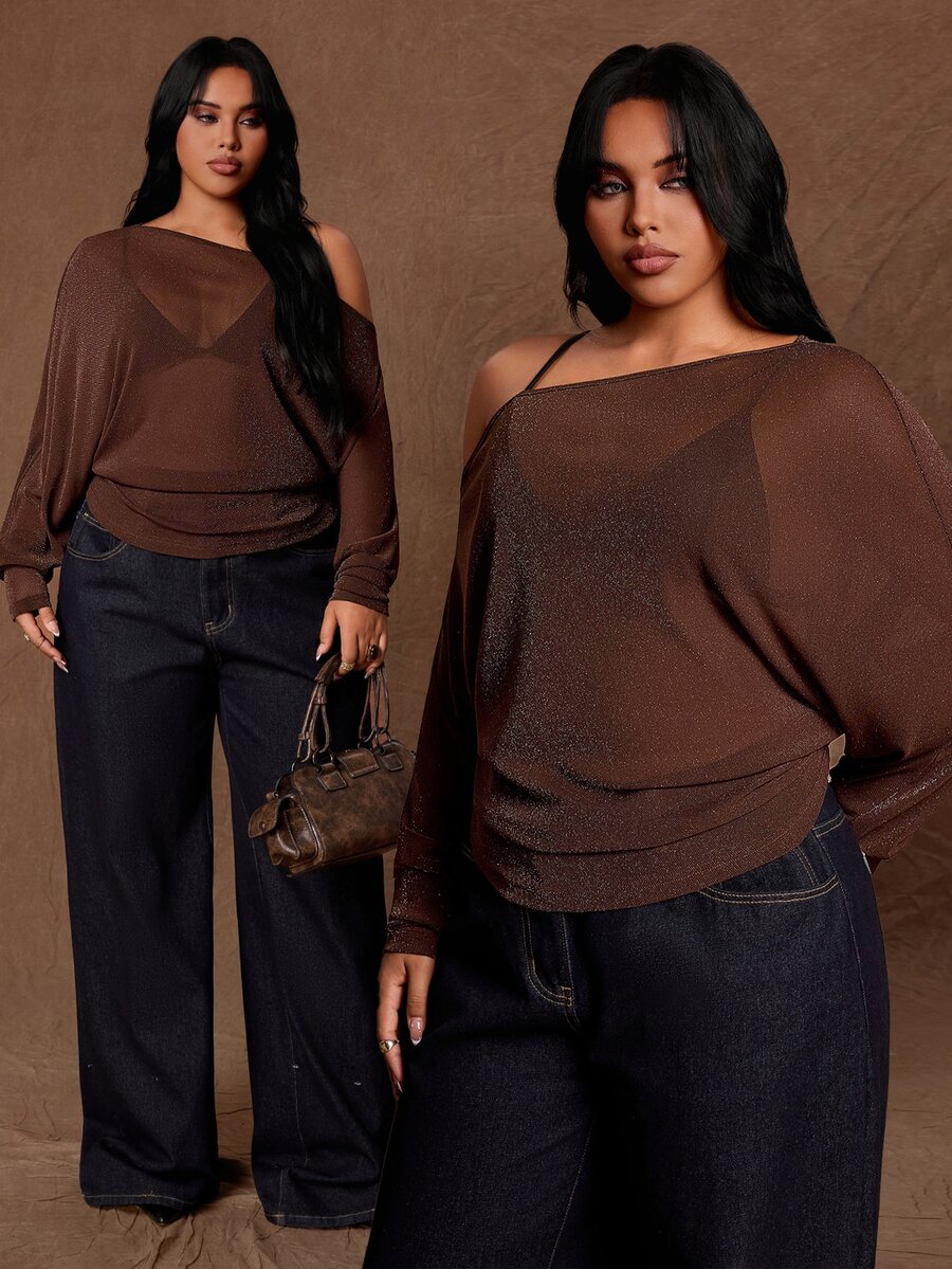 Vibekara Plus Atasan Transparan Lengan Kelelawar Leher Asimetris - Coffee Brown - View 1